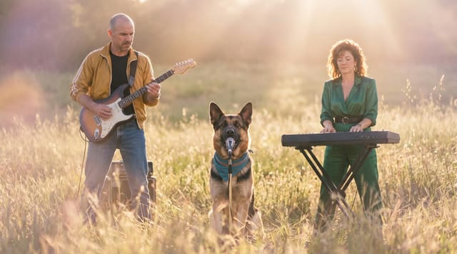 The band, a guitarist, a singing German Shepherd and a keyboardist, in the Dream pop look