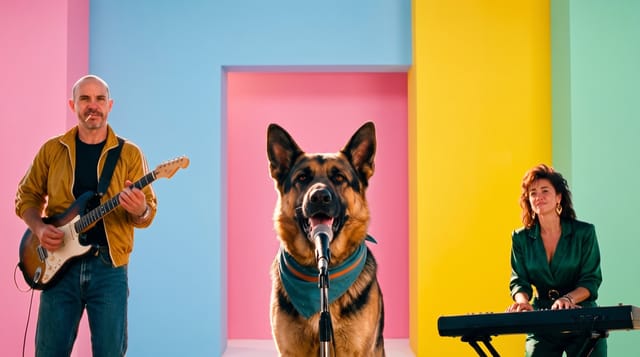 The band, a guitarist, a singing German Shepherd and a keyboardist, in the K-pop look