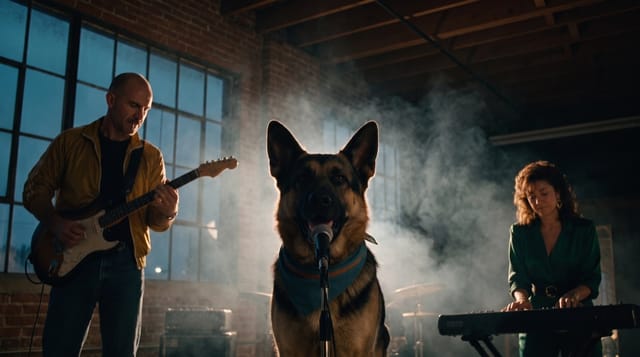 The band, a guitarist, a singing German Shepherd and a keyboardist, in the Moody R&B look