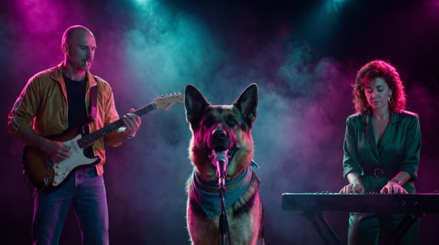 The band, a guitarist, a singing German Shepherd and a keyboardist, in the Neon club look