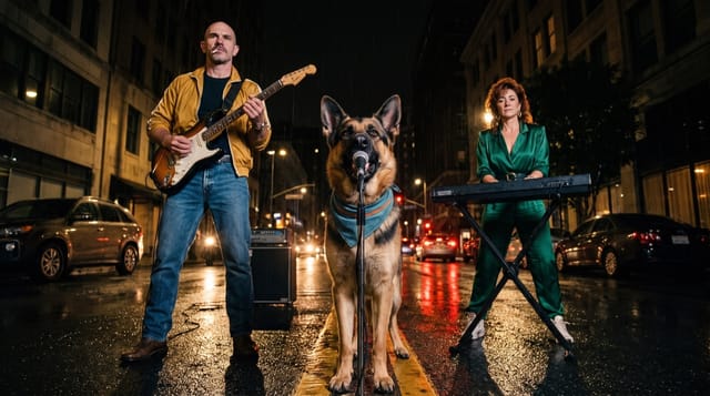 The band, a guitarist, a singing German Shepherd and a keyboardist, in the Rap video look