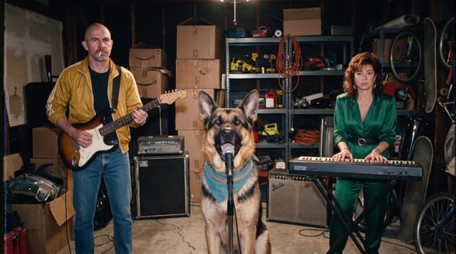 The band, a guitarist, a singing German Shepherd and a keyboardist, in the Retro camcorder look