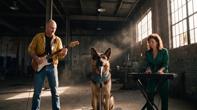 The band, a guitarist, a singing German Shepherd and a keyboardist, in the Rock grit look