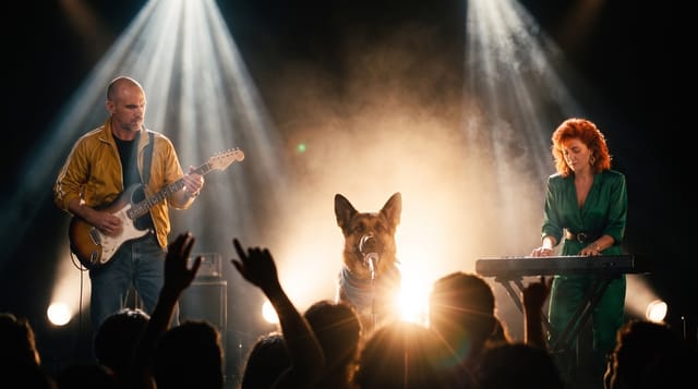 The band, a guitarist, a singing German Shepherd and a keyboardist, in the Stage performance look