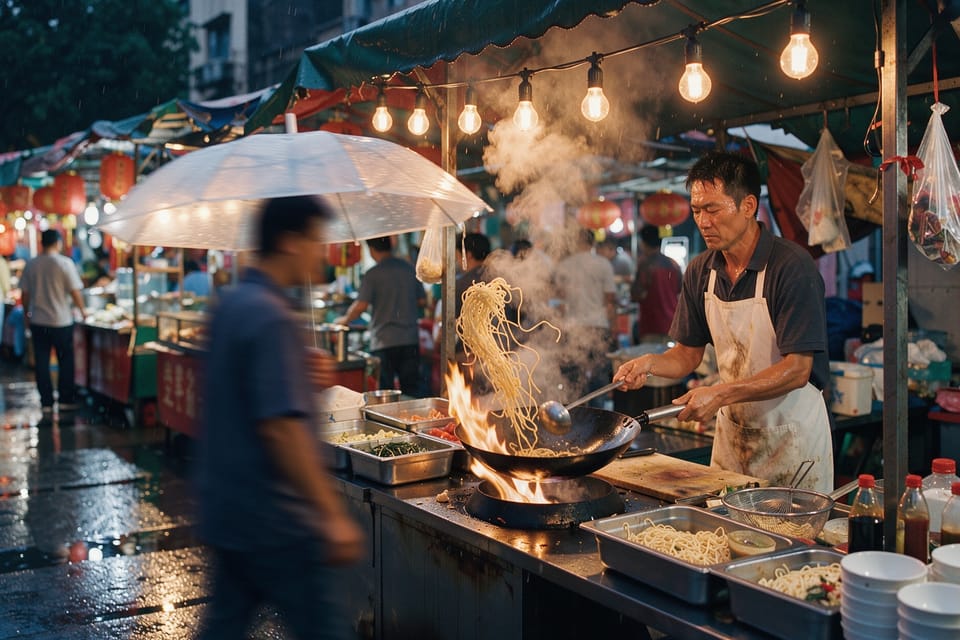 Straßenfoto auf einem Nachtmarkt: Ein Koch in weißer Schürze schwenkt Nudeln in einem flammenden Wok unter unverkleideten Glühbirnen. Dampf steigt auf, im Vordergrund ein unscharfer Passant mit durchsichtigem Regenschirm. Rote Laternen spiegeln sich auf dem nassen Pflaster.