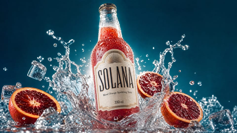 Eine frostige Flasche SOLANA-Blutorangenlimonade bricht durch einen Wasserschwall, umgeben von halbierten Blutorangen und Eis