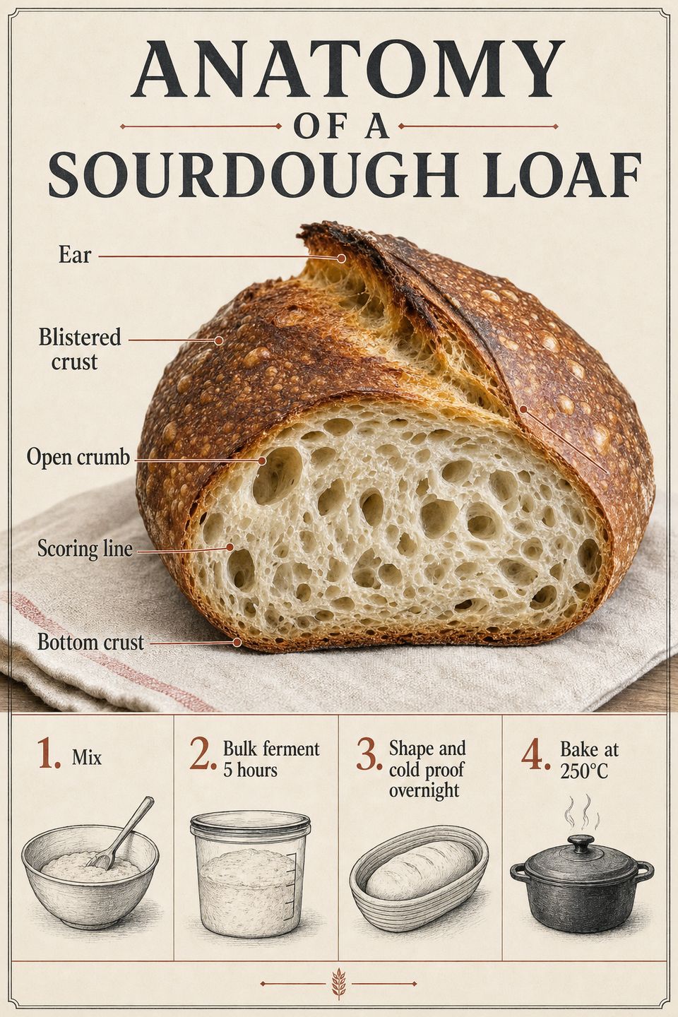 Die Sauerteig-Infografik in hoher Qualität, mit dekorativem Rahmen, einer detailreichen Kruste und luftiger Krume. Schraffierte Symbole zeigen die einzelnen Schritte und enden mit einem gusseisernen Topf.