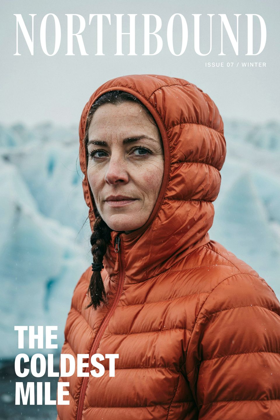 Magazincover mit dem weißen Serifentitel NORTHBOUND, der Zeile ISSUE 07 / WINTER und der Titelzeile THE COLDEST MILE. Darunter eine Frau mit rostroter Daunenkapuze und dunklem Zopf vor unscharfem blauem Gletschereis.