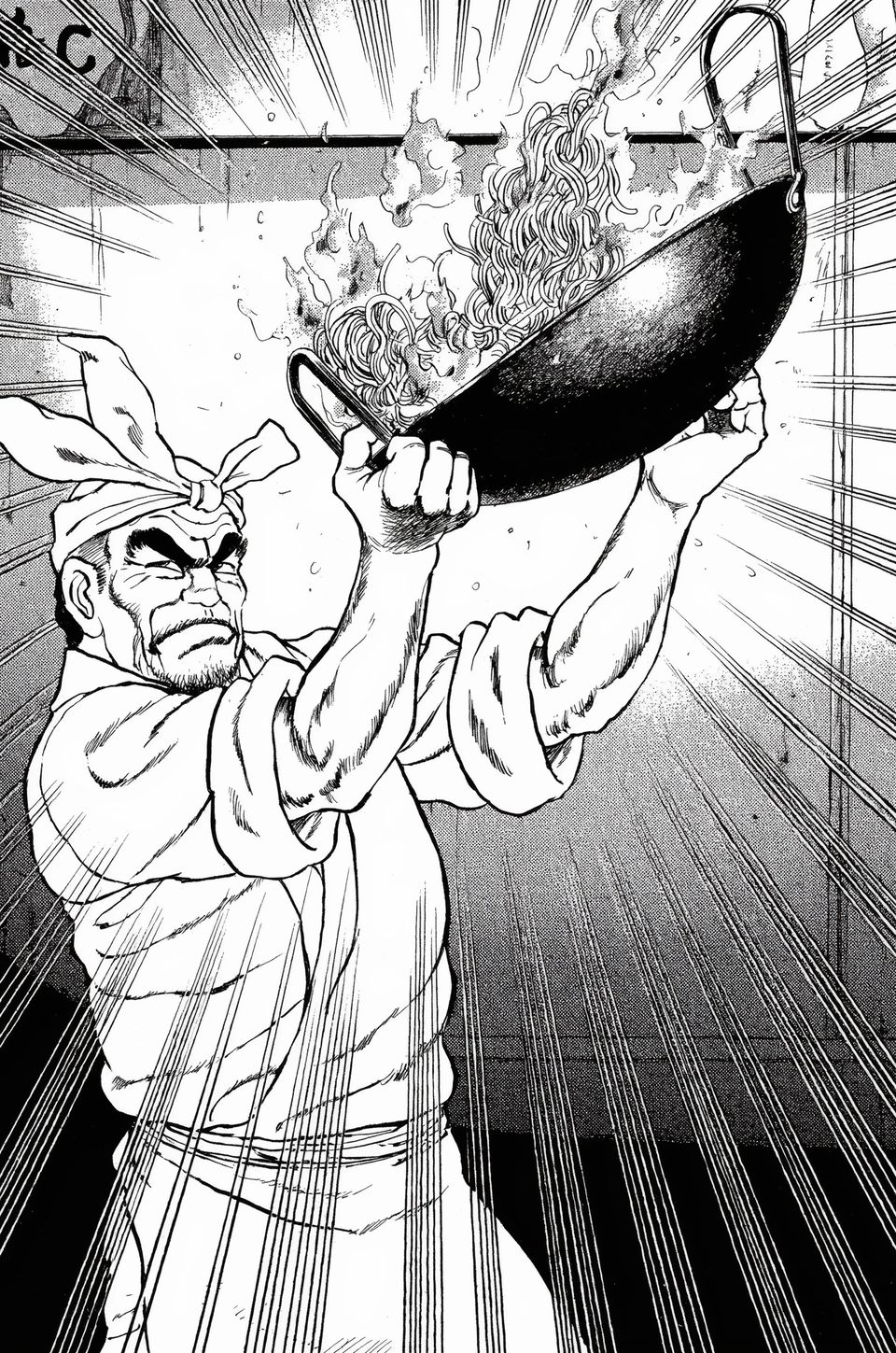 Ein Manga-Panel in Schwarz-Weiß: Ein Koch mit geknotetem Stirnband stemmt einen flammenden Wok voller Nudeln über den Kopf, hinter ihm schießen Bewegungslinien hervor.