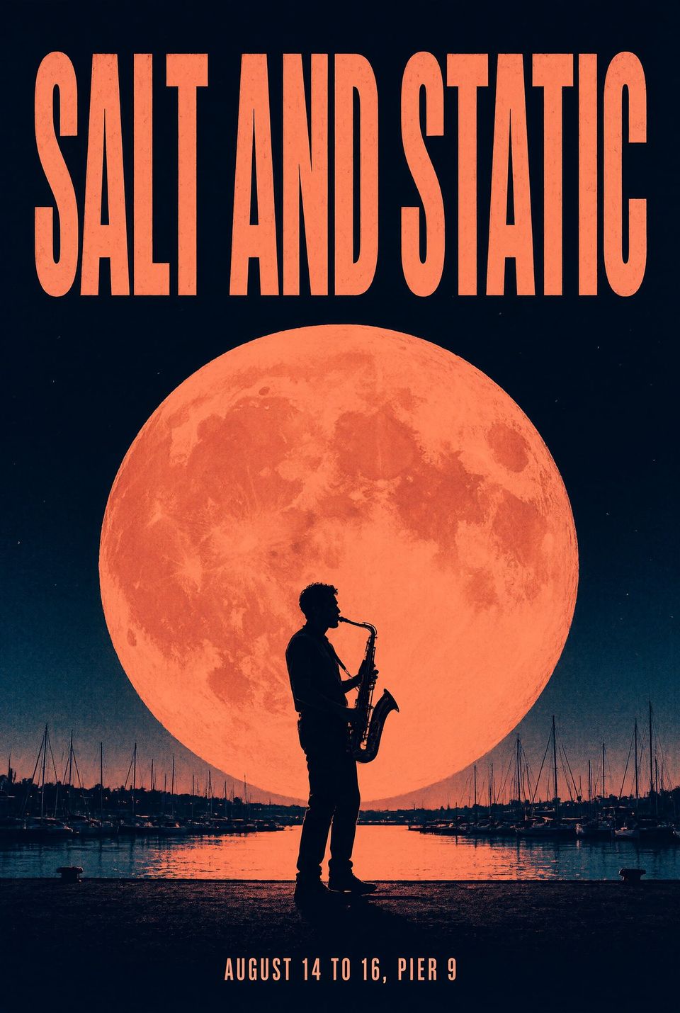 Siebdruck-Konzertposter mit dem Titel SALT AND STATIC in hohen, schmalen korallfarbenen Buchstaben. Ein Saxofonist als Silhouette vor einem riesigen korallfarbenen Mond über einem Hafen voller Segelbootmasten. Unten steht klein AUGUST 14 TO 16, PIER 9 in Marineblau und Koralle.