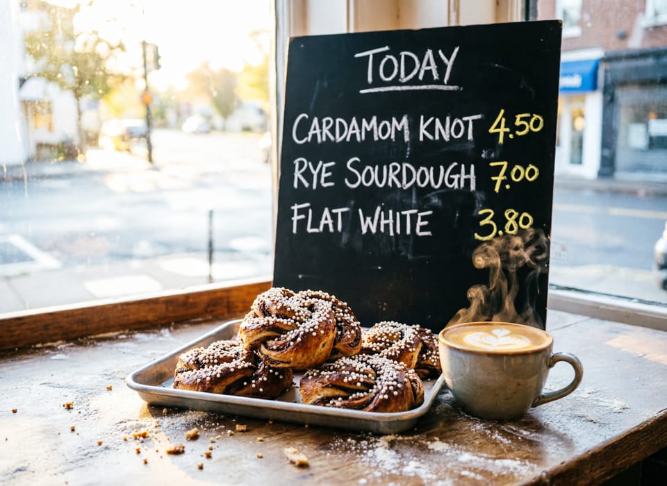 Ein Blech mit gedrehten Gebäckknoten und Hagelzucker neben einem Flat White mit einem Herz im Milchschaum auf einer mehlbestäubten Theke. Dahinter eine Kreidetafel mit TODAY, CARDAMOM KNOT 4.50, RYE SOURDOUGH 7.00 und FLAT WHITE 3.80. Tief stehende Sonne fällt durchs Bäckereifenster.