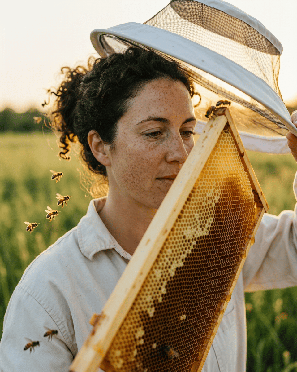 Nahporträt einer Imkerin mit dunklen Locken und Sommersprossen unter einem weißen Hut mit hochgeschlagenem Schleier. Sie betrachtet einen Wabenrahmen, während Bienen im tiefen goldenen Licht über einer grünen Wiese vorbeifliegen.