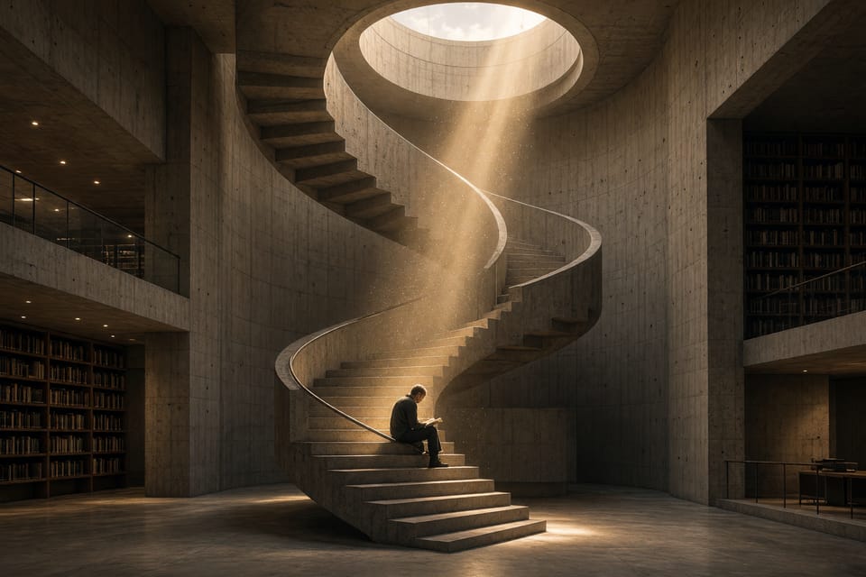 Eine brutalistische Betonbibliothek mit S-förmiger Treppe unter einem runden Oberlicht. Ein goldener, staubdurchzogener Lichtstrahl fällt auf eine einzelne lesende Person.