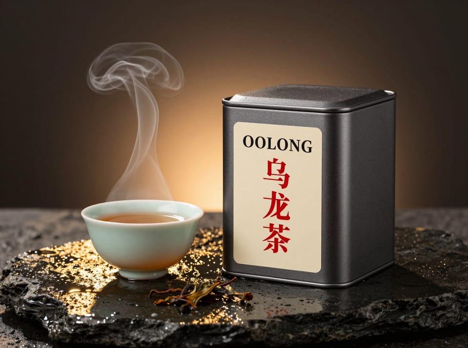 Eine quadratische, matt anthrazitfarbene Teedose mit cremefarbenem Etikett. Darauf steht OOLONG in schwarzen Serifenbuchstaben über 乌龙茶 in Rot. Daneben eine blass seladongrüne Tasse mit bernsteinfarbenem Tee, aus der eine hohe Dampfsäule aufsteigt. Alles steht auf einer nassen schwarzen Steinplatte, die im warmen Gegenlicht golden leuchtet. Davor liegen einige getrocknete Teeblätter.