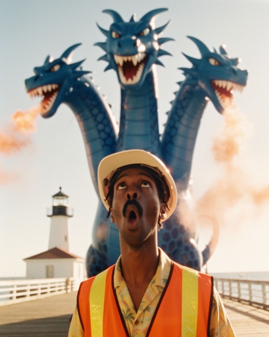Ein neues Crewmitglied in orangefarbener Warnweste und weißem Schutzhelm blickt auf einer Strandpromenade staunend zu einem riesigen dreiköpfigen blauen aufblasbaren Drachen auf. Erstellt mit Flux.2 Studio.