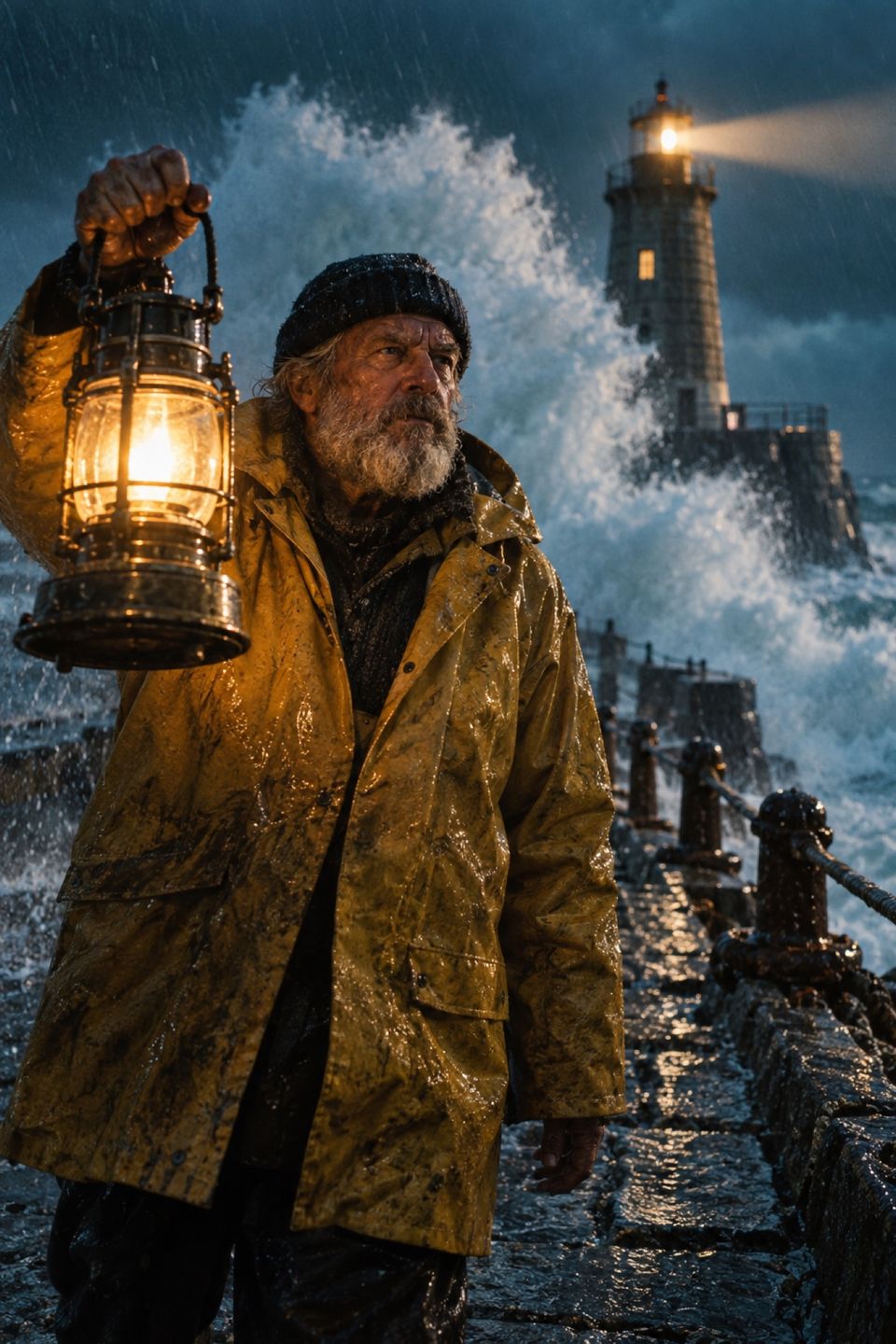 Filmische Szene eines graubärtigen Leuchtturmwärters in gelber Ölzeugjacke, der auf einem Pier eine leuchtende Sturmlaterne hochhält, während hinter ihm eine riesige Welle bricht