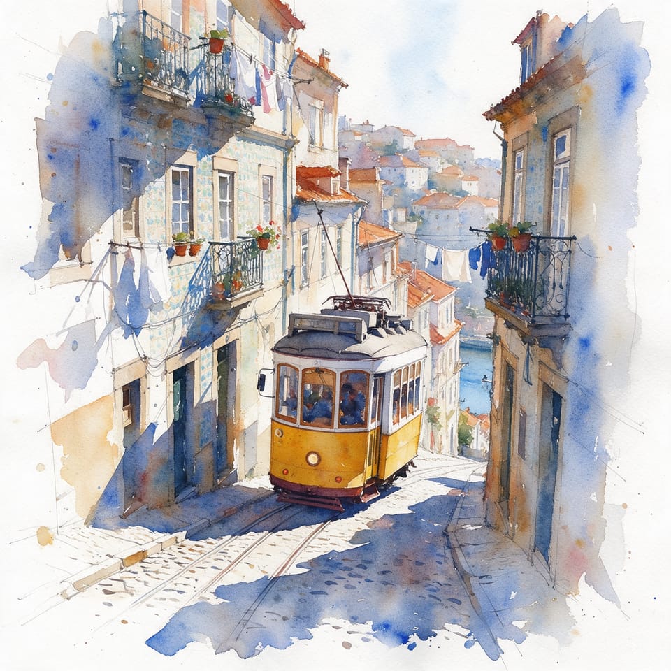 Ein locker gemaltes Aquarell: Eine gelbe historische Straßenbahn fährt eine steile Kopfsteinpflasterstraße hinauf, vorbei an gekachelten Fassaden, Balkonen und Wäscheleinen.