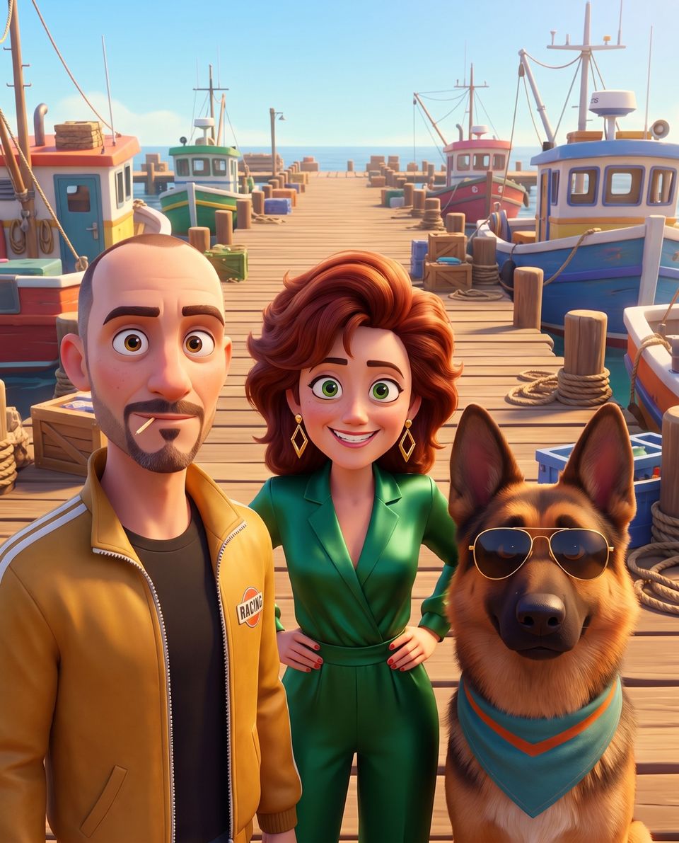 Brian, Pamela und Schäferhund Circe als 3D-Animation