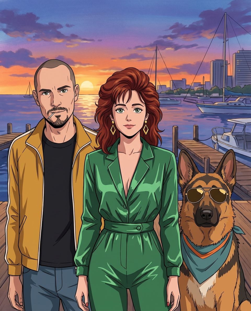 Brian, Pamela und Schäferhund Circe im Anime-Stil