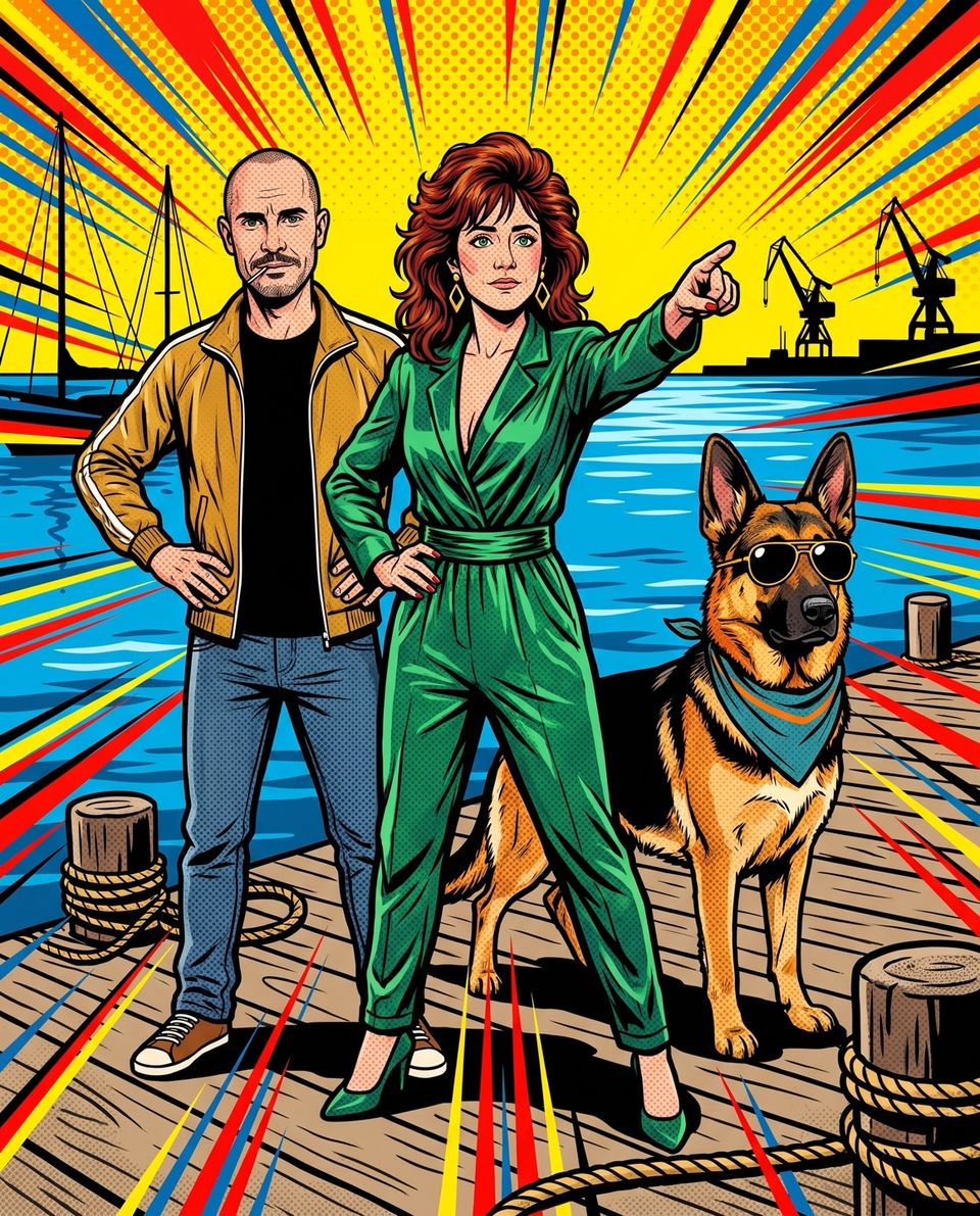 Brian, Pamela und Schäferhund Circe als Pop-Art-Comic