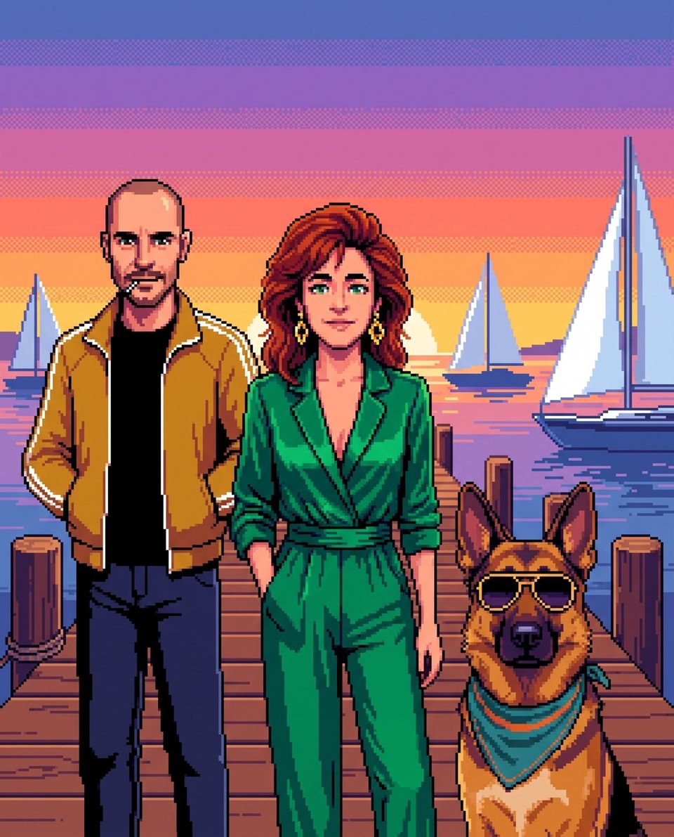 Brian, Pamela und Schäferhund Circe als Pixel-Art