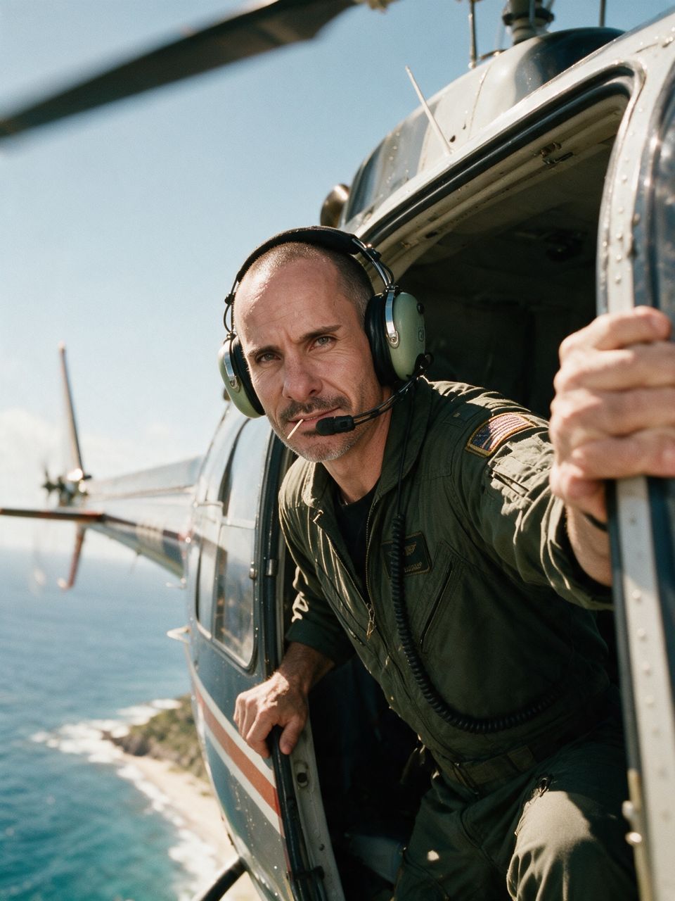 Brian als Hubschrauberpilot, der sich über einer sonnigen Küste aus einer offenen Tür lehnt, erstellt aus seinen Character Studio-Referenzen