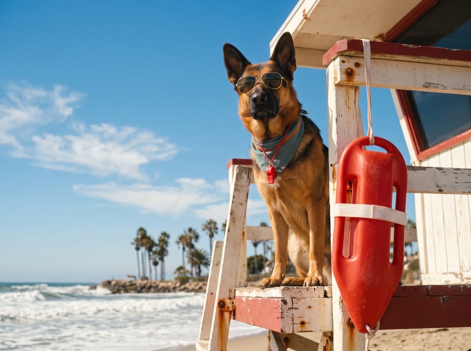 Eine Deutsche Schäferhündin mit goldener Pilotenbrille auf einem Rettungsturm am Meer. Mit Nano Banana 2 aus ihrem Foto bearbeitet.