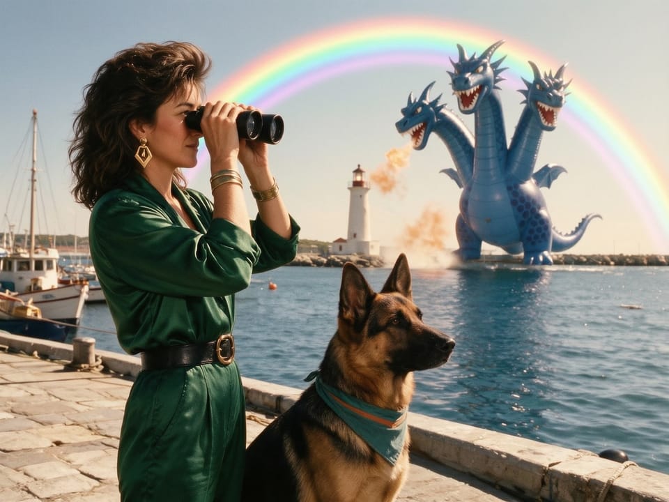 Pamela mit Fernglas und Schäferhund Circe auf einem Hafenpier, mit einem hinzugefügten Regenbogen über dem riesigen blauen Ballondrachen