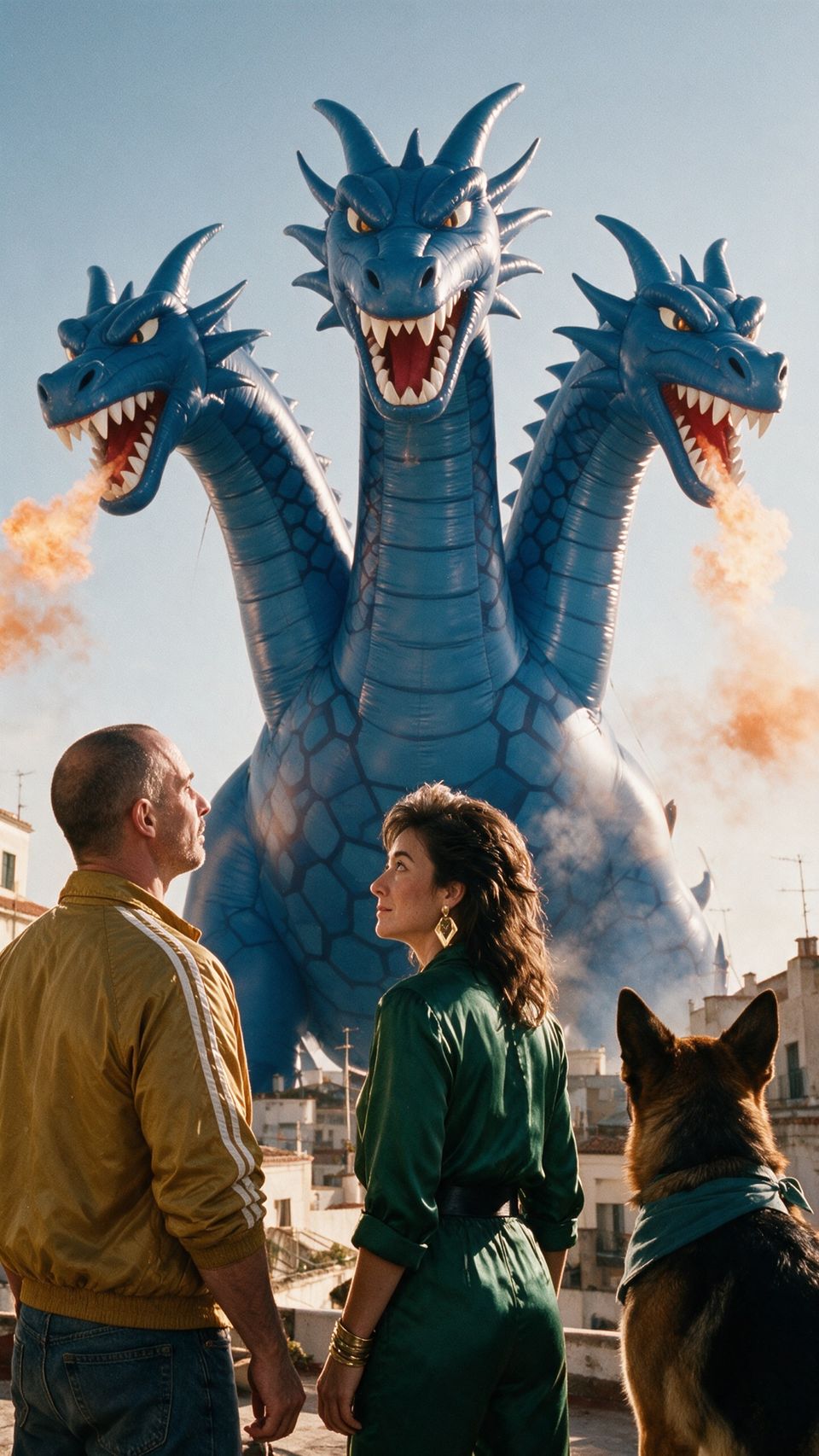 Zwei Helden stehen einem riesigen dreiköpfigen blauen aufblasbaren Drachen an einem sonnigen Hafen gegenüber. Erstellt mit Seedream 5.