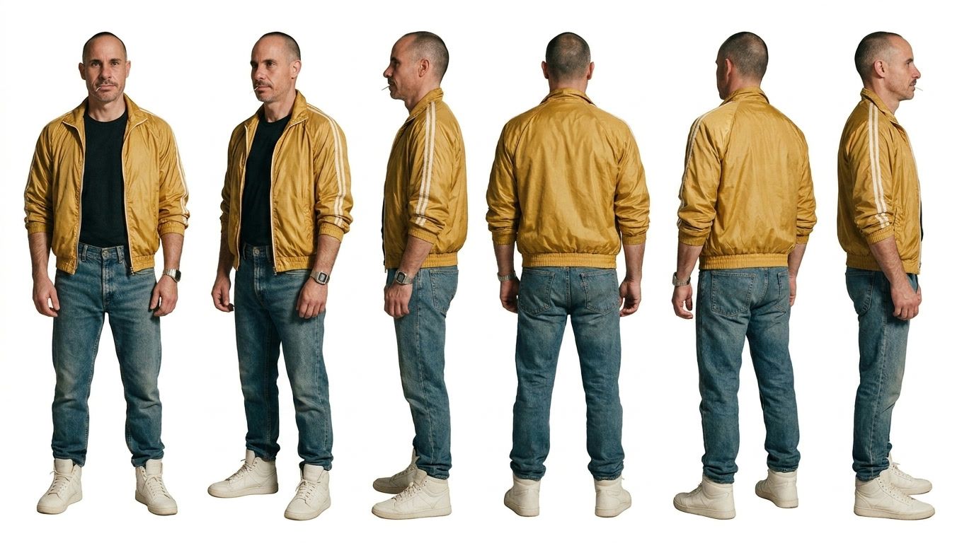 Turnaround sheet of Brian on white: six full-body views, front, three-quarter front, both side profiles, back and three-quarter back, in the same mustard racing jacket, black tee, jeans and white high-tops