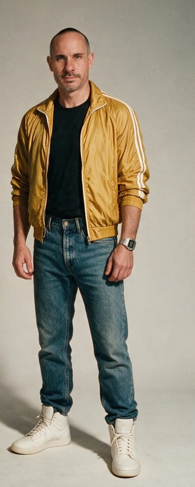 Brian full-body reference in his mustard racing jacket, jeans and white high-tops