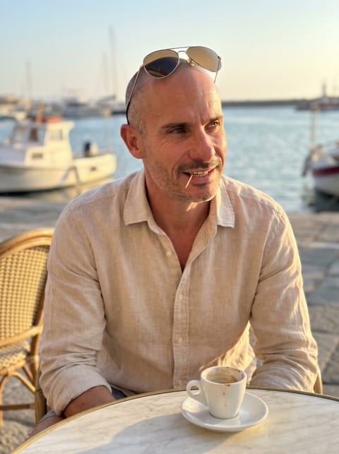 Brian in a linen shirt at a seaside cafe table at golden hour, sunglasses on his head