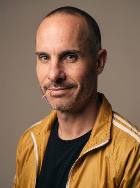 Brian in his mustard racing jacket in a studio headshot against a warm gray backdrop