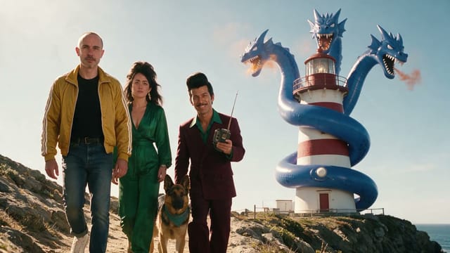 Brian, Pamela, Vince and Circe the German Shepherd walk toward the camera on a sunny cliff while the giant three-headed blue dragon balloon coils around a red-and-white lighthouse behind them.