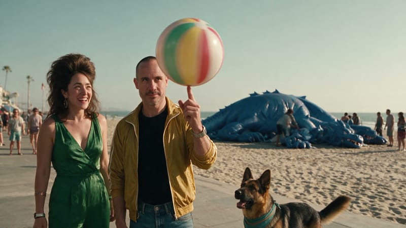 Pamela and Brian on a sunny boardwalk, a beach ball spinning on Brian’s finger, Circe beside them and the deflated dragon on the sand
