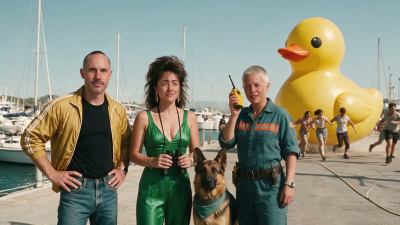 Brian, Pamela, Circe and Dot on a marina quay, a giant yellow rubber duck behind them