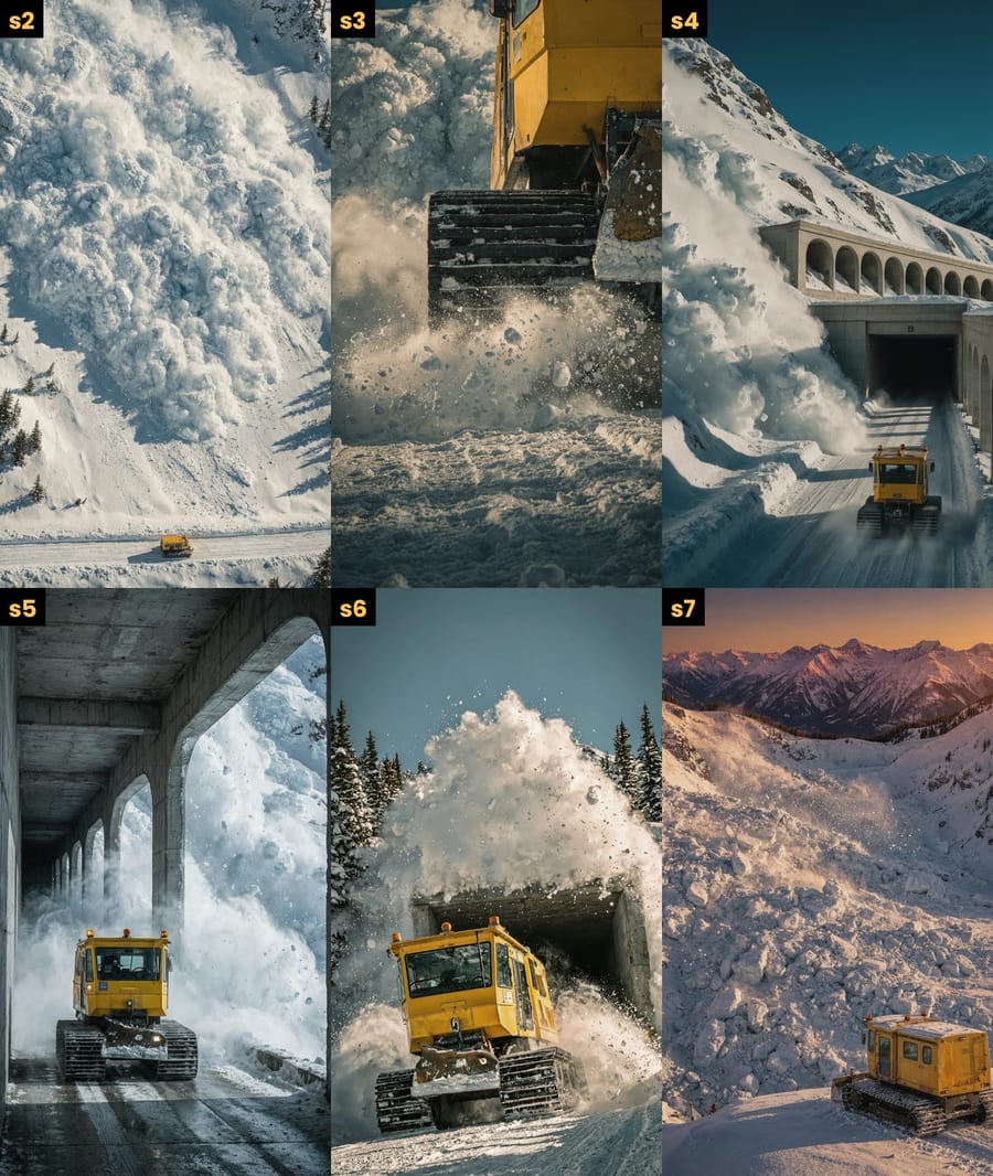 Step 2: Same snowcat, six more stills