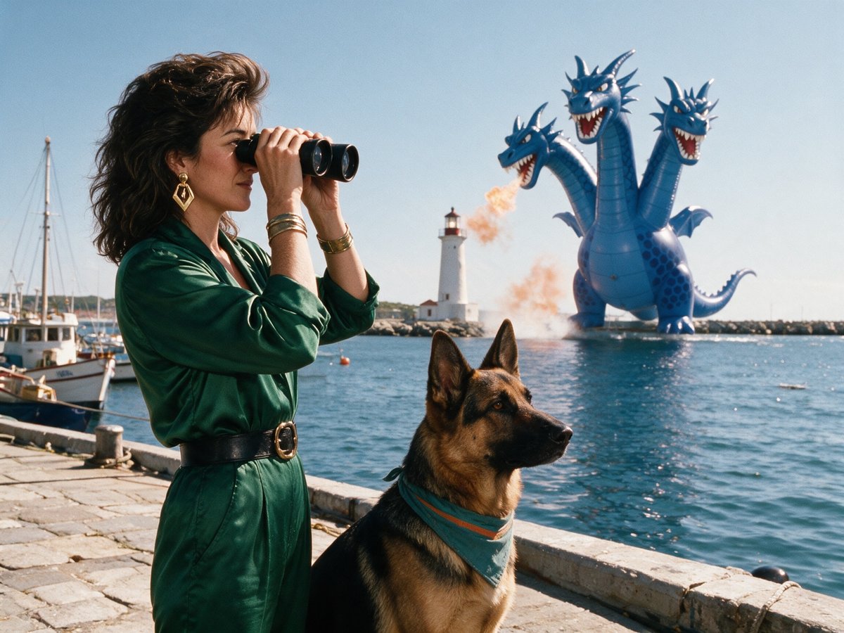 AI image of a woman with binoculars and a German Shepherd on a sunny harbor quay, watching a three-headed inflatable dragon puff orange smoke by the lighthouse, made with Seedream 5
