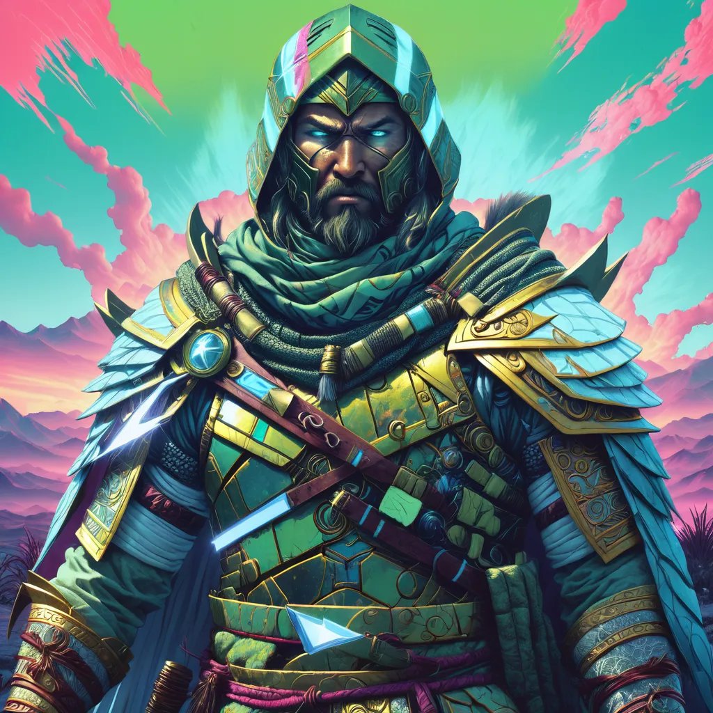 Enigmatic Warrior in Futuristic Armor Against a Neon-Drenched Sky