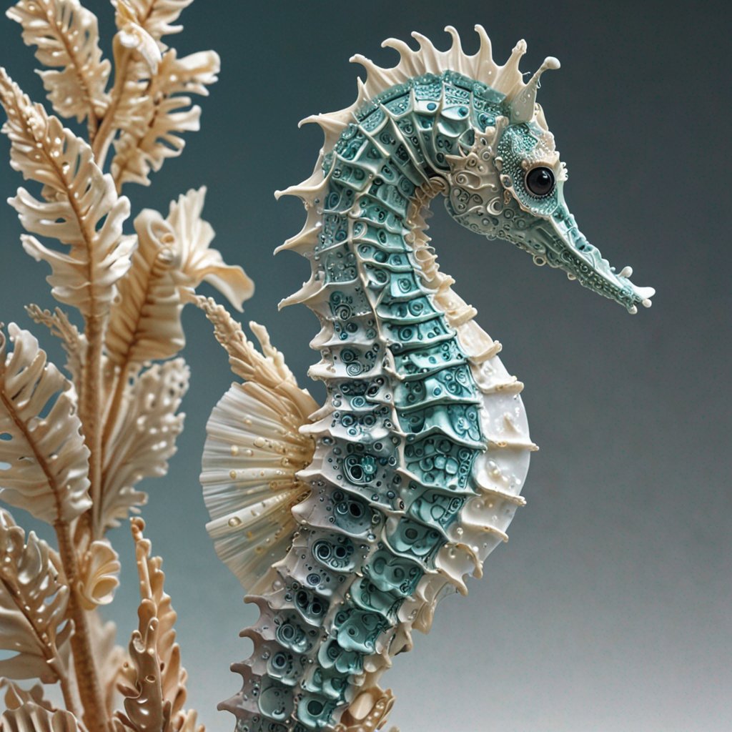 Exquisite Teal and Cream Seahorse Sculpture with Intricate Textures and Patterns