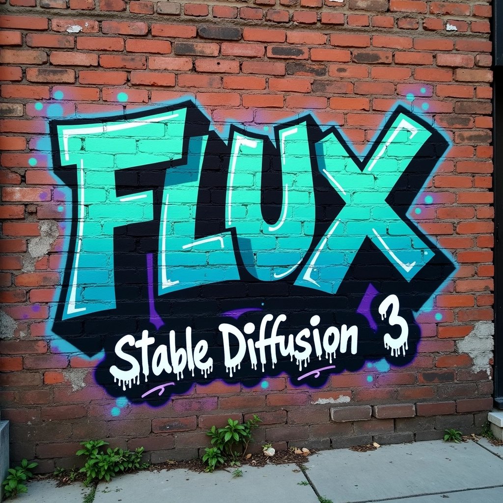 Create an urban street scene featuring a weathered brick wall as the backdrop. The wall is textured with rough, aged bricks in varying shades of red and brown, with some spots of peeling paint and small patches of moss to emphasize its age. 

In the center of the image, there is a vibrant graffiti piece that boldly spells out the word "FLUX" in large, dynamic letters. The letters should be painted in a gradient of electric blue, vividly contrasting against the earthy tones of the brick. Around the edges of "FLUX," add splashes of white and neon green paint to give it an energetic, almost glowing effect.

Beneath "FLUX," in smaller, more subdued letters, the phrase "Stable Diffusion 3" is depicted, painted in a faded gray with a gentle drip effect, suggesting that it is being overwhelmed by the power of the larger word above it. The composition should have an angled perspective, making the graffiti appear as if it is bursting out from the wall, capturing the feeling of movement and energy.

The mood of the piece is rebellious and creative, with an urban edge that evokes a sense of street art culture. Soft shadows enhance the relief of the bricks and the graffiti, while ambient city lighting creates a slightly moody atmosphere, hinting at a late afternoon or early evening setting. 

Ensure the entire scene conveys a sense of juxtaposition between the bold, vibrant declaration of "FLUX" and the quieter, subordinate "Stable Diffusion 3