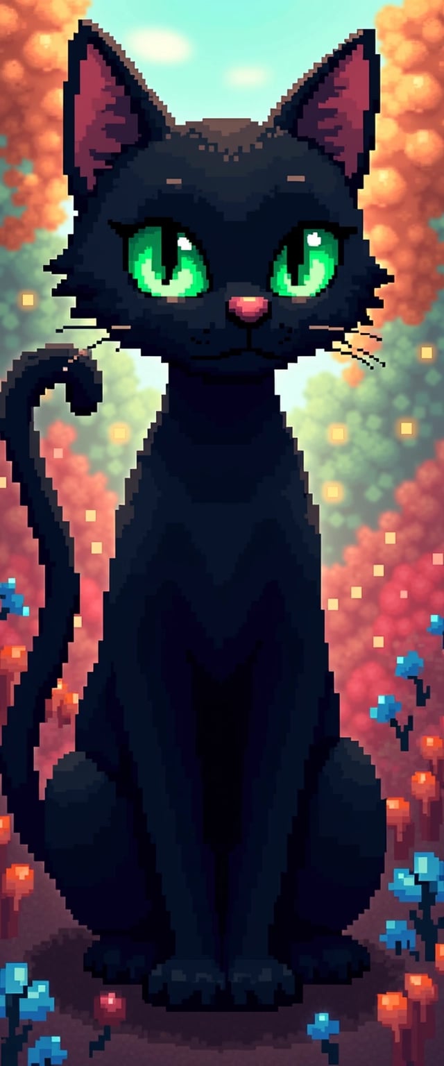 Adorable Pixel Art Black Cat with Lively Green Eyes