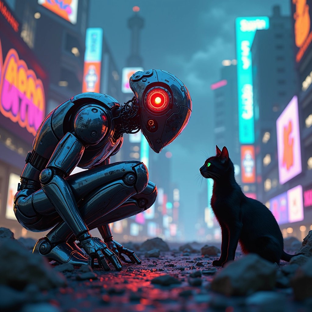 **Prompt:** Create a stunning high-quality image depicting a bizarre cyberpunk scene. In the foreground, a futuristic robot with a sleek, metallic body and a digital screen for a face crouches down, showcasing a vibrant display of a large, mesmerizing red and blue eye, emitting a soft, pulsating glow. The robot's body is adorned with intricate circuitry patterns that shimmer under the neon lights. Beside it, a sleek black cat with luminescent green eyes stands in a poised stance, exuding an air of confidence and curiosity, as it interacts with the robot.

The background features a sprawling urban landscape drenched in vibrant neon lights. Towering skyscrapers, adorned with expansive graffiti murals, loom against a dark, cloudy night sky, creating a visually striking silhouette. The graffiti is a captivating blend of electric colors, showcasing an artistic chaos that complements the neon ambiance. Scattered throughout the foreground are chunks of rubble and debris, adding texture and depth to the scene while enhancing the cinematic dystopian atmosphere.

The overall mood of the image should convey a sense of intrigue and wonder, balancing the eerie beauty of technology with the natural grace of the cat. Capture the dazzling lights reflecting on the broken glass and metallic surfaces, and ensure the composition draws the viewer’s eye towards the interaction between the robot and the cat, evoking a story of companionship in a chaotic world.