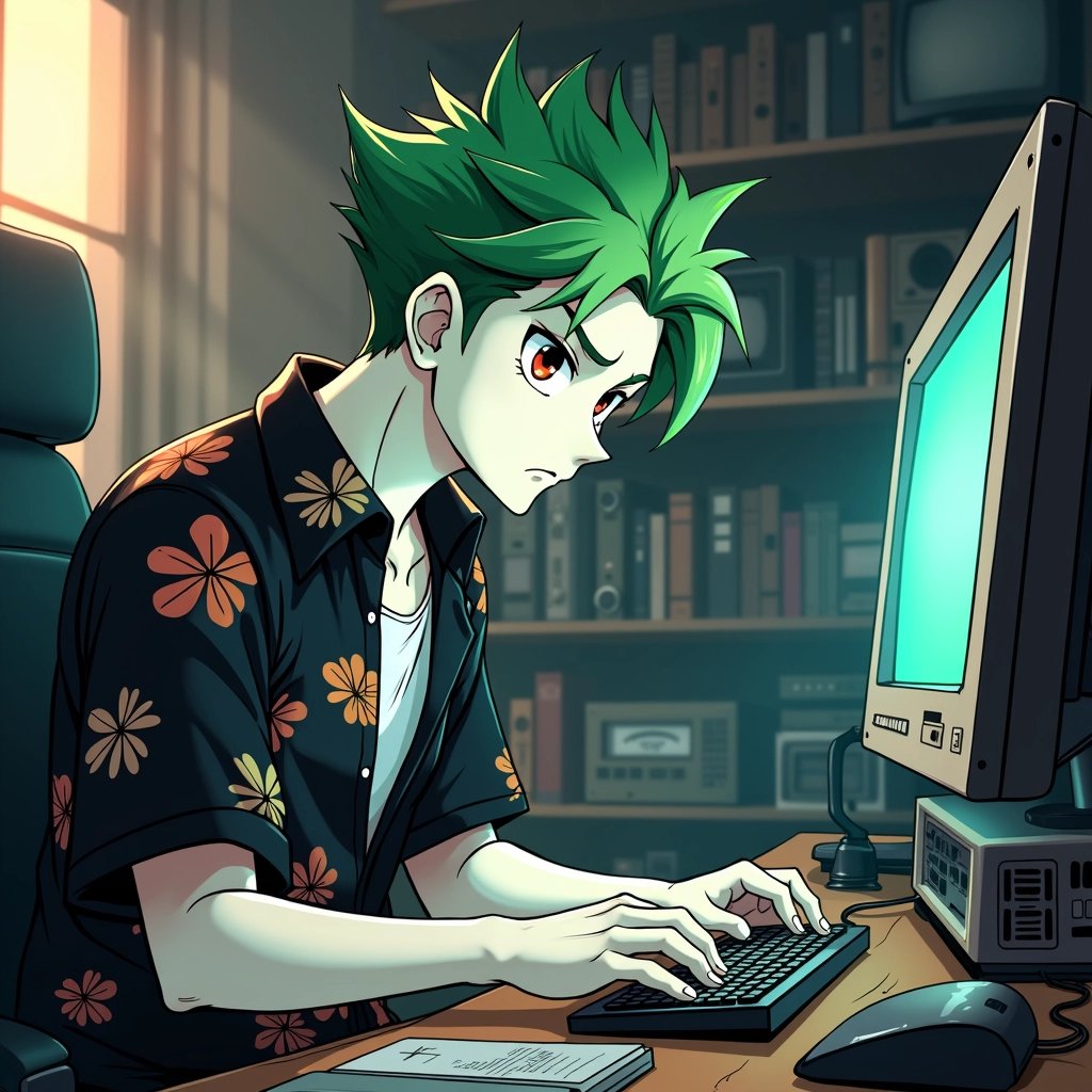 Greenhaired individual intensely focused on computer work