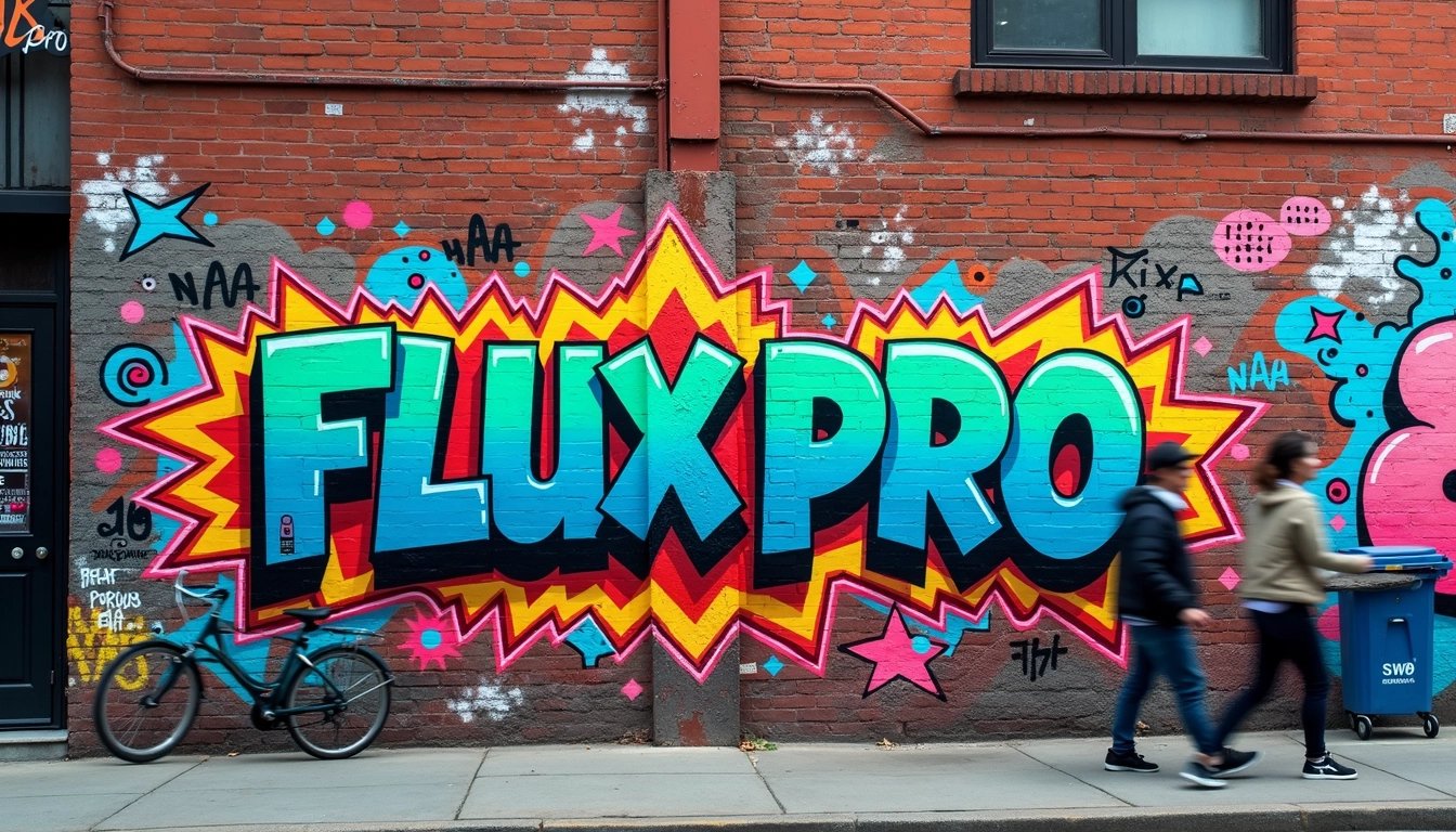 Vibrant Graffiti Wall with FLUXPRO in Dynamic Colors and Urban Street Art Elements