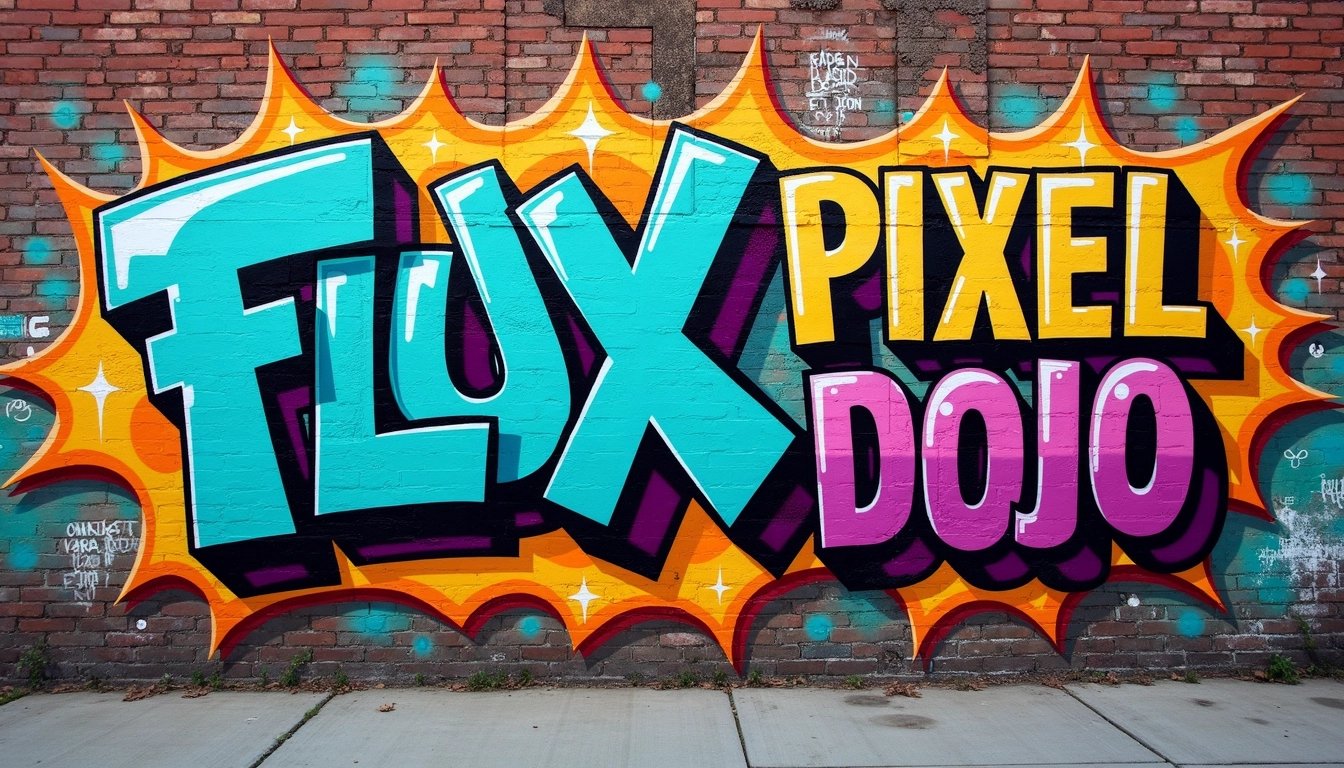 Vibrant Graffiti of Flux Pixel Dojo on Brick Wall