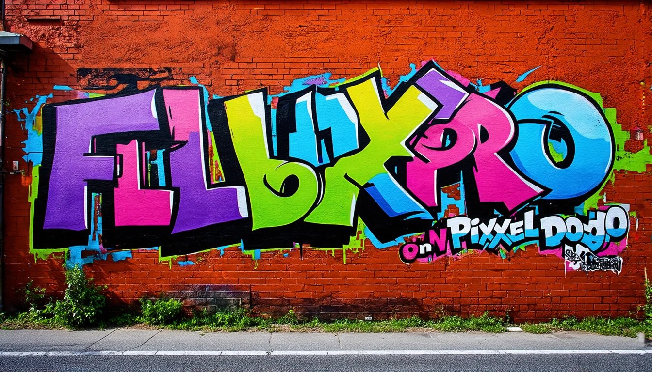 Vibrant Graffiti Wall with FLUXPRO on PIXELDOJO Text in Dynamic Colors