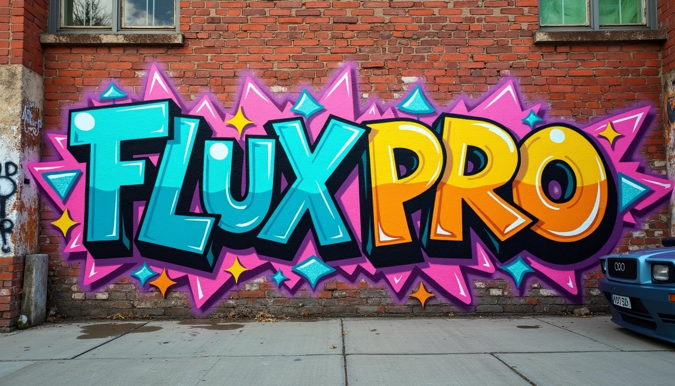 Vibrant Graffiti of FLUXPRO on Brick Wall