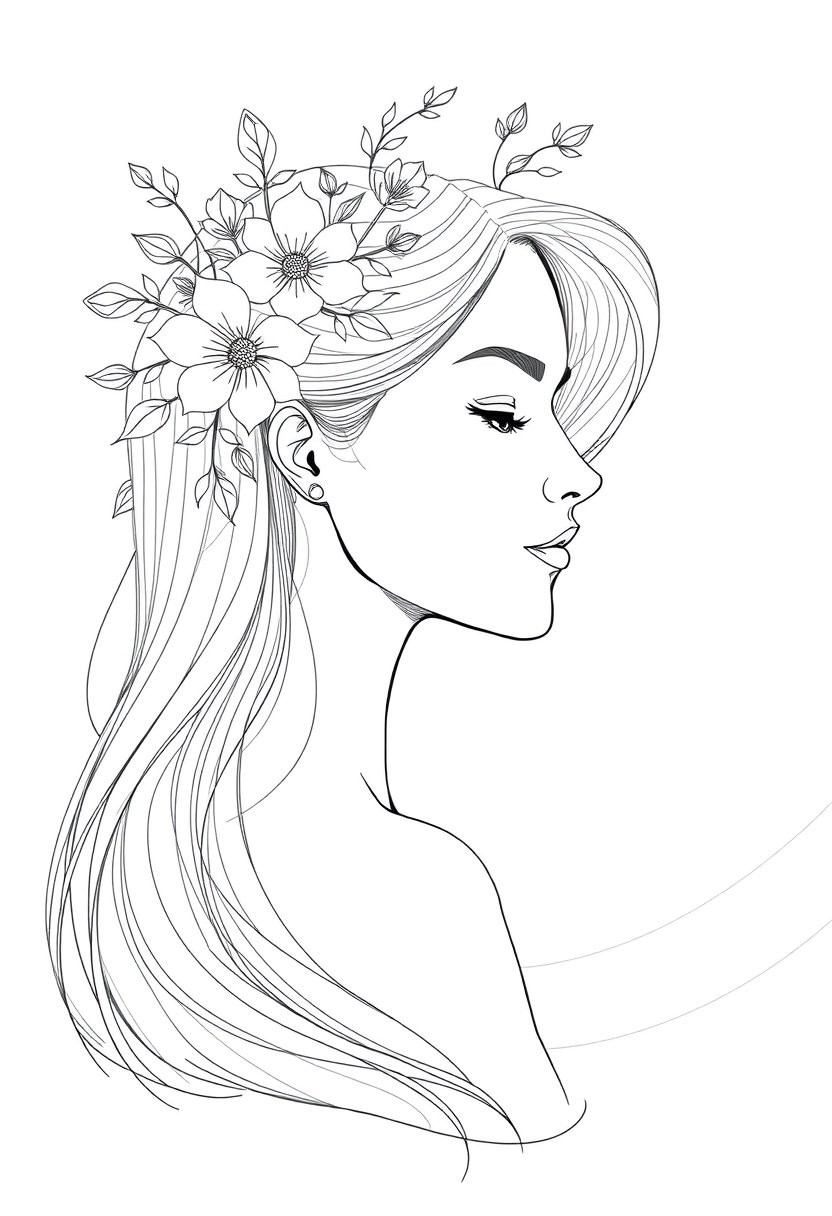 Create a detailed line art illustration featuring a profile view of a young woman. Focus on delicate and graceful lines to capture her refined facial features, including soft curves of her cheekbone and elegant jawline. Emphasize her flowing hair, which cascades down her shoulder and intertwines with whimsical floral elements that frame her face. The background should be minimalistic, with subtle line patterns that suggest motion, adding depth without distracting from the subject. The overall mood should be serene and introspective, with a balanced composition that draws the viewer's eye to her profile, showcasing both beauty and simplicity.