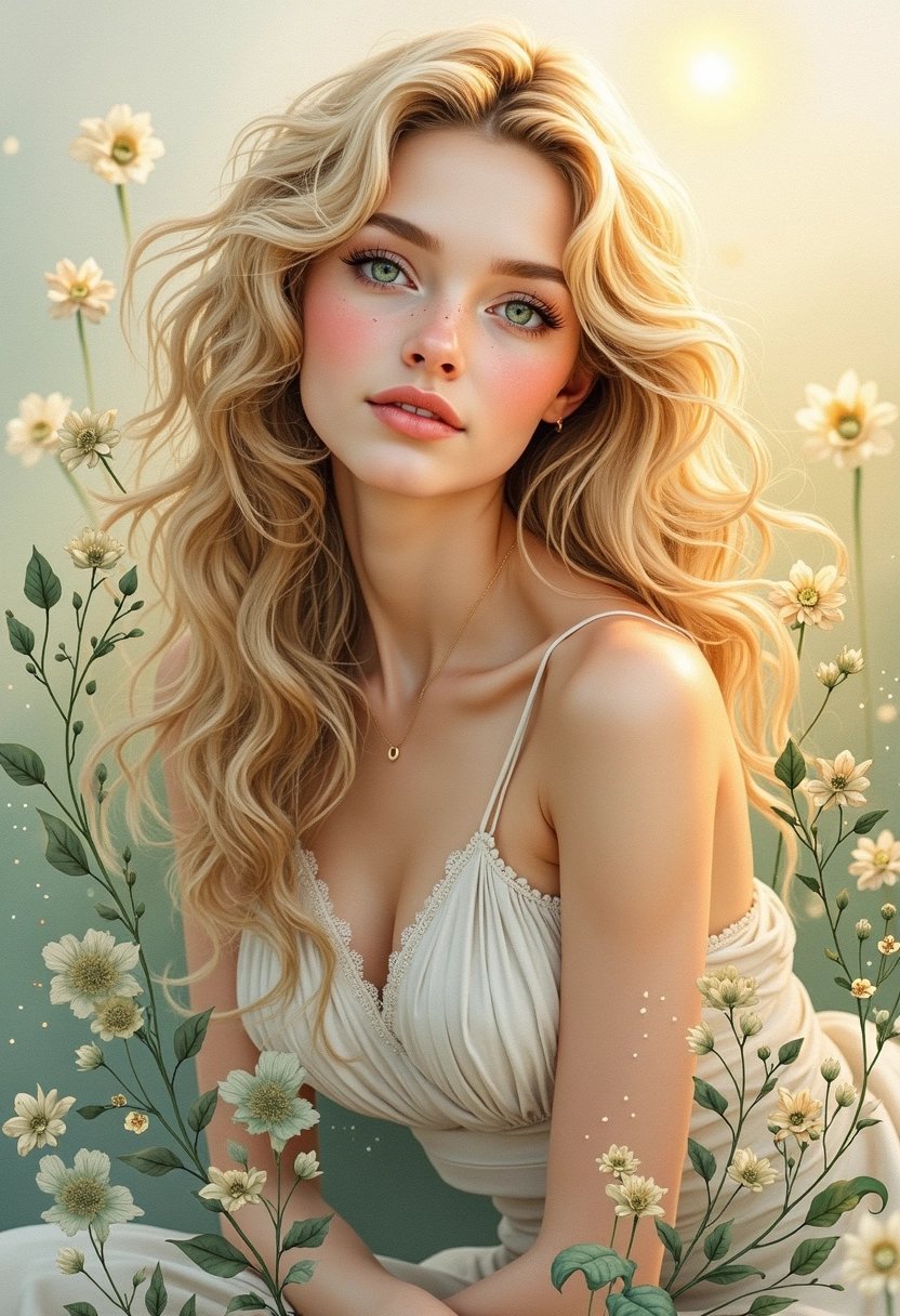 Enchanting portrait of a woman with golden curls and a white dress amidst a floral backdrop